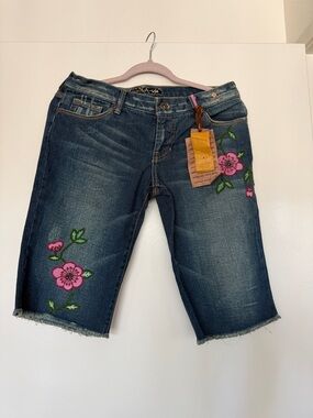 Switch USA Embroidered Pink Floral Dark Denim Bermuda Shorts